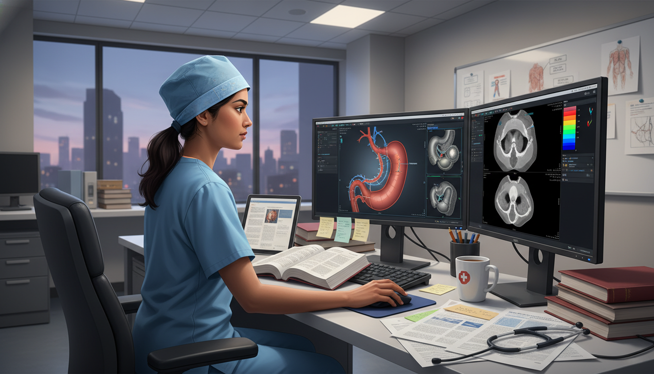 Vascular surgery resident reviewing patient imaging and research notes Vascular surgery resident reviewing patient imaging and research notes - IMG residency guide for CV Building for Internationa