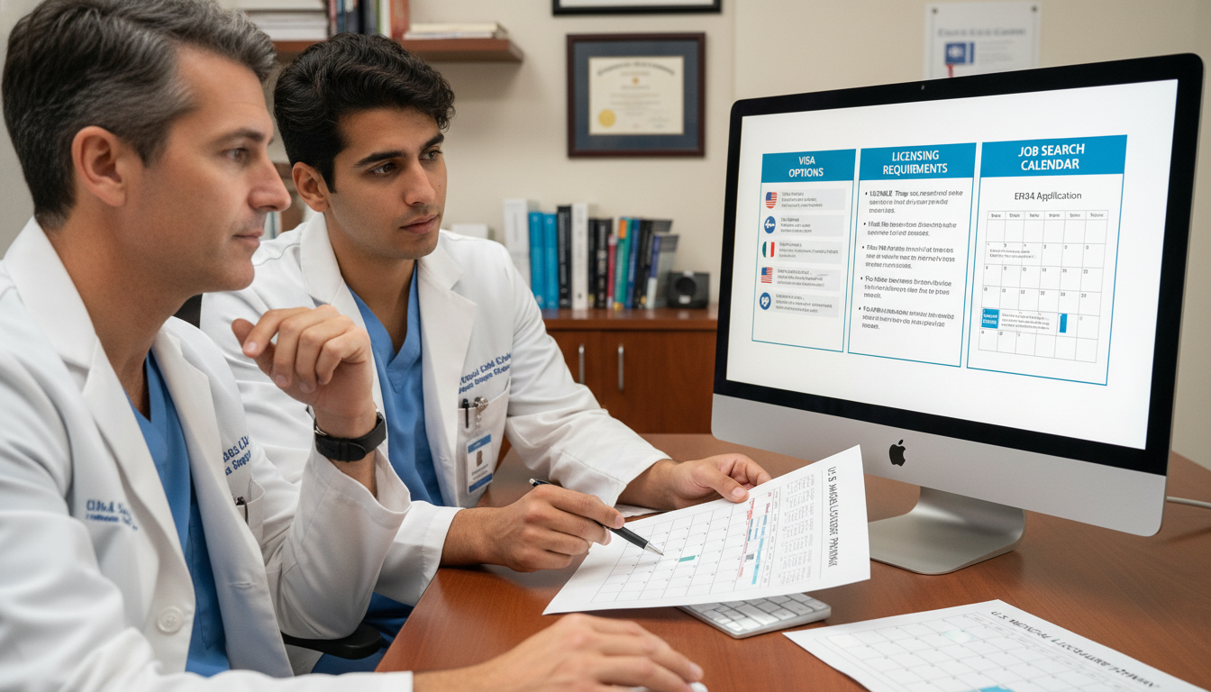 IMG vascular surgeon discussing visa and licensing timelines with advisor IMG vascular surgeon discussing visa and licensing timelines with advisor - IMG residency guide for Job Search Timing for Int