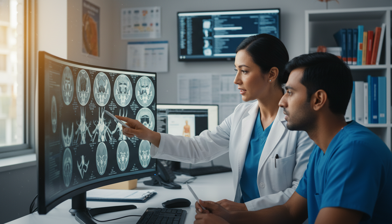 Vascular surgery resident and attending surgeon reviewing a complex imaging case together Vascular surgery resident and attending surgeon reviewing a complex imaging case together - IMG residency guide for Letters o