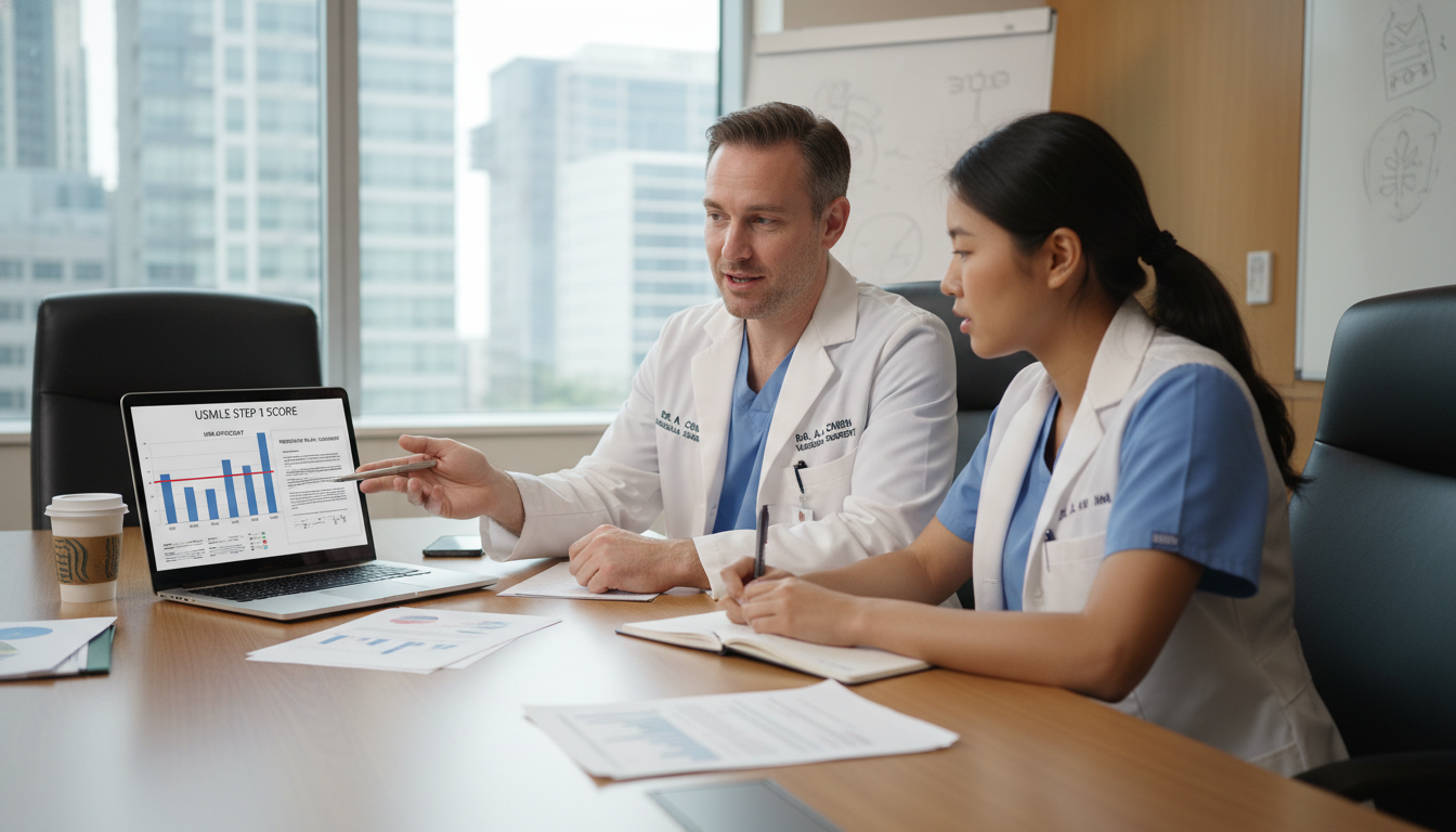 Vascular surgery resident and mentor discussing academic performance and strategies - IMG residency guide for Low Step Score