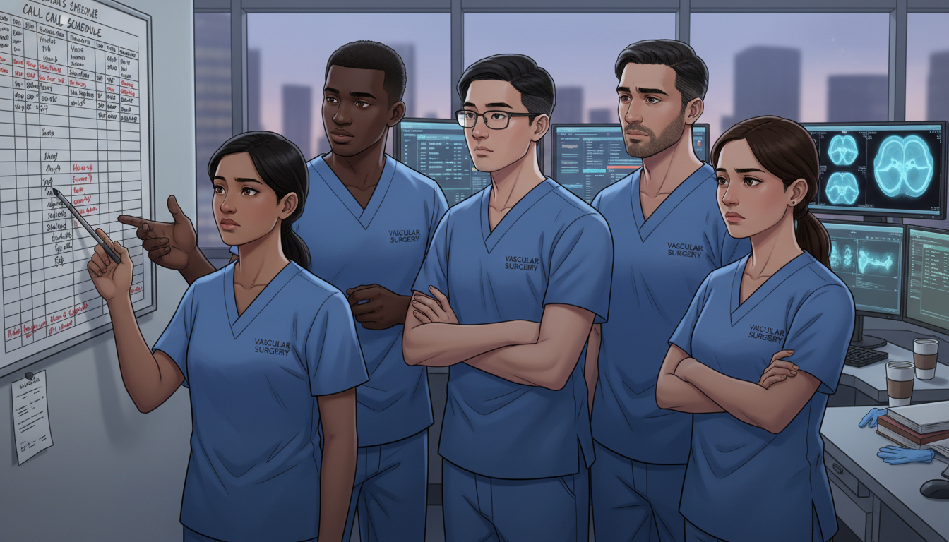 Vascular surgery residents discussing workload and call schedule Vascular surgery residents discussing workload and call schedule - IMG residency guide for Identifying Malignant Programs for