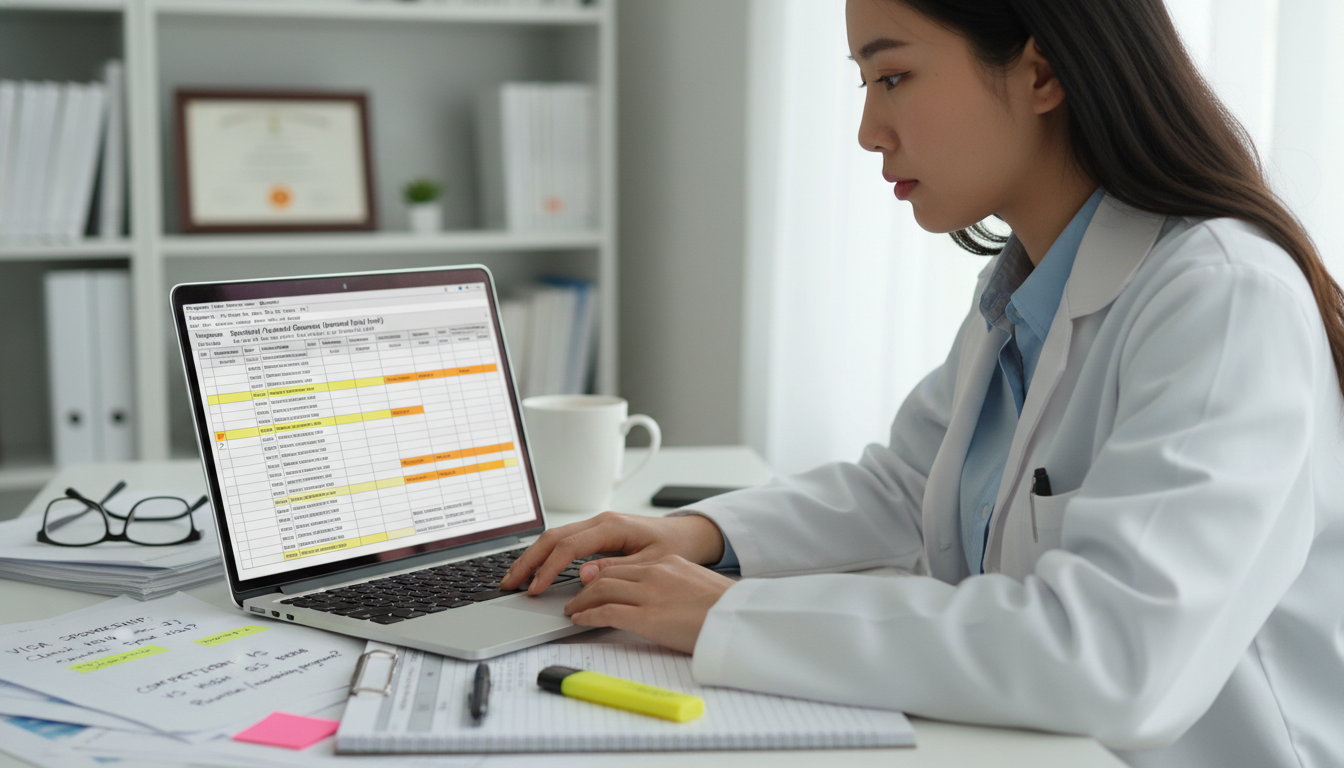 Vascular surgery applicant comparing residency programs on laptop and printed spreadsheets - IMG residency guide for Program