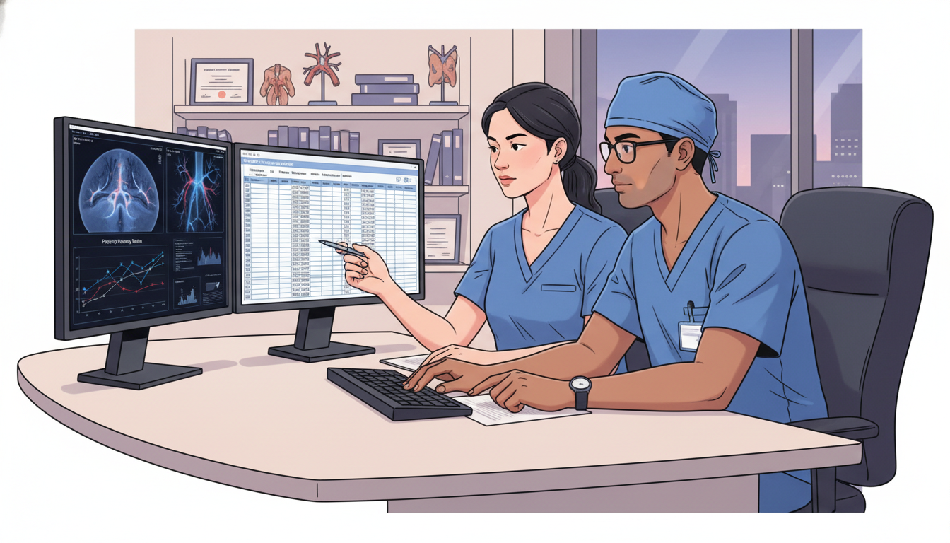 Vascular surgery residents and attending analyzing patient outcome data on computer Vascular surgery residents and attending analyzing patient outcome data on computer - IMG residency guide for Research During