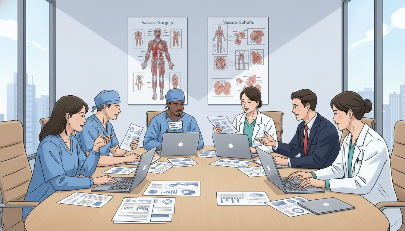 Vascular surgery research team discussing data and manuscripts - IMG residency guide for Research Profile Building for Intern