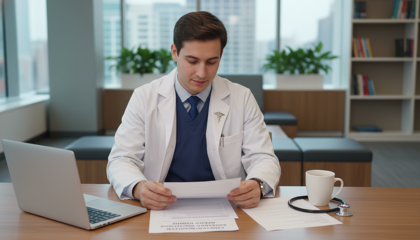 MD graduate reviewing addiction medicine interview questions in a hospital lounge - MD graduate residency for Common Intervie