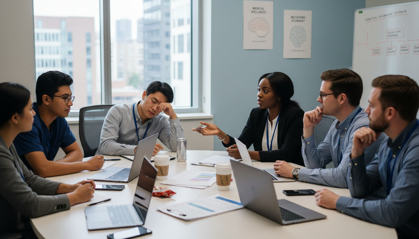 Residents discussing workload and wellness in a hospital team room Residents discussing workload and wellness in a hospital team room - MD graduate residency for Identifying Malignant Programs