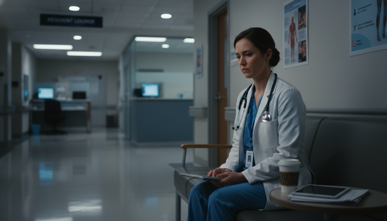 Medical trainee in a reflective moment after a challenging clinical shift Medical trainee in a reflective moment after a challenging clinical shift - MD graduate residency for Identifying Malignant P