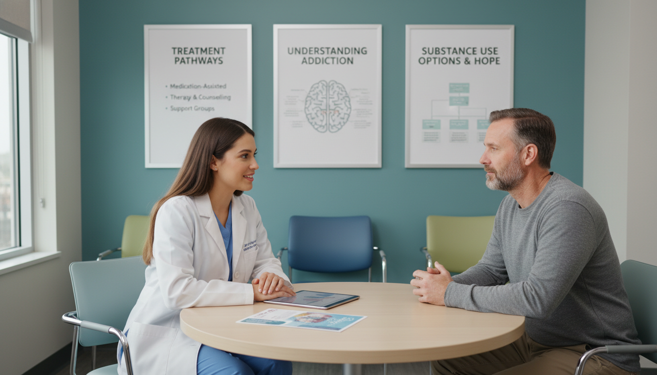 Resident physician in addiction medicine clinic speaking with patient - MD graduate residency for Program Selection Strategy