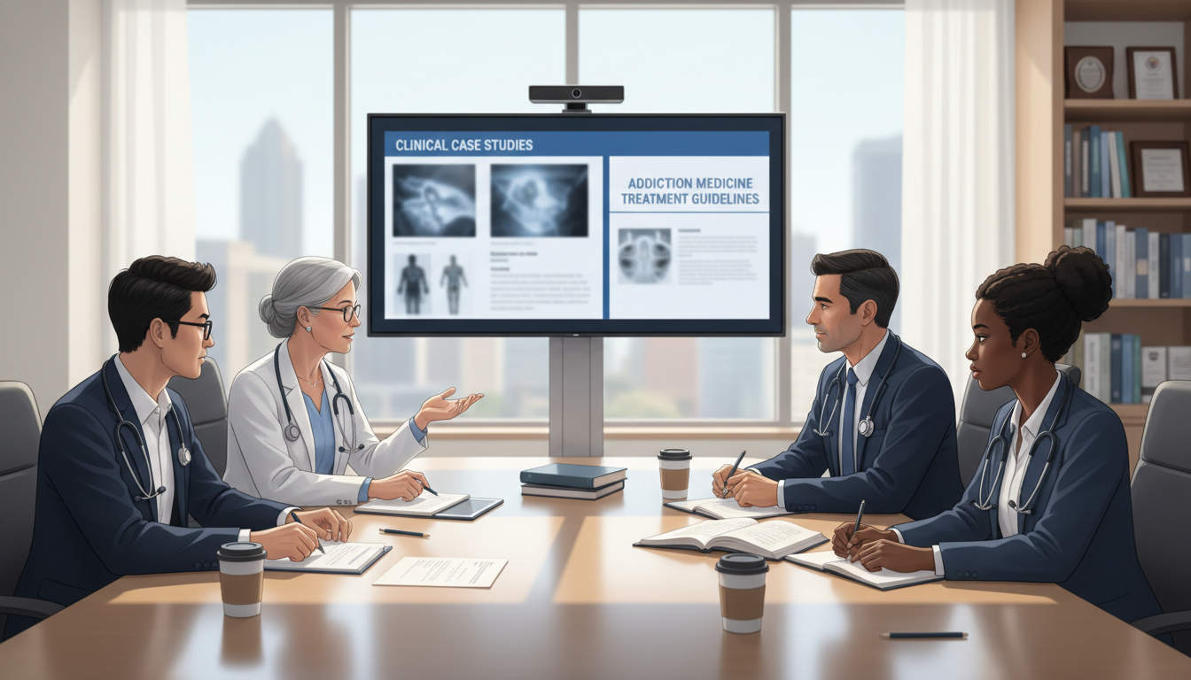 Addiction medicine fellows and faculty in a case conference reviewing patient care - MD graduate residency for Questions to A