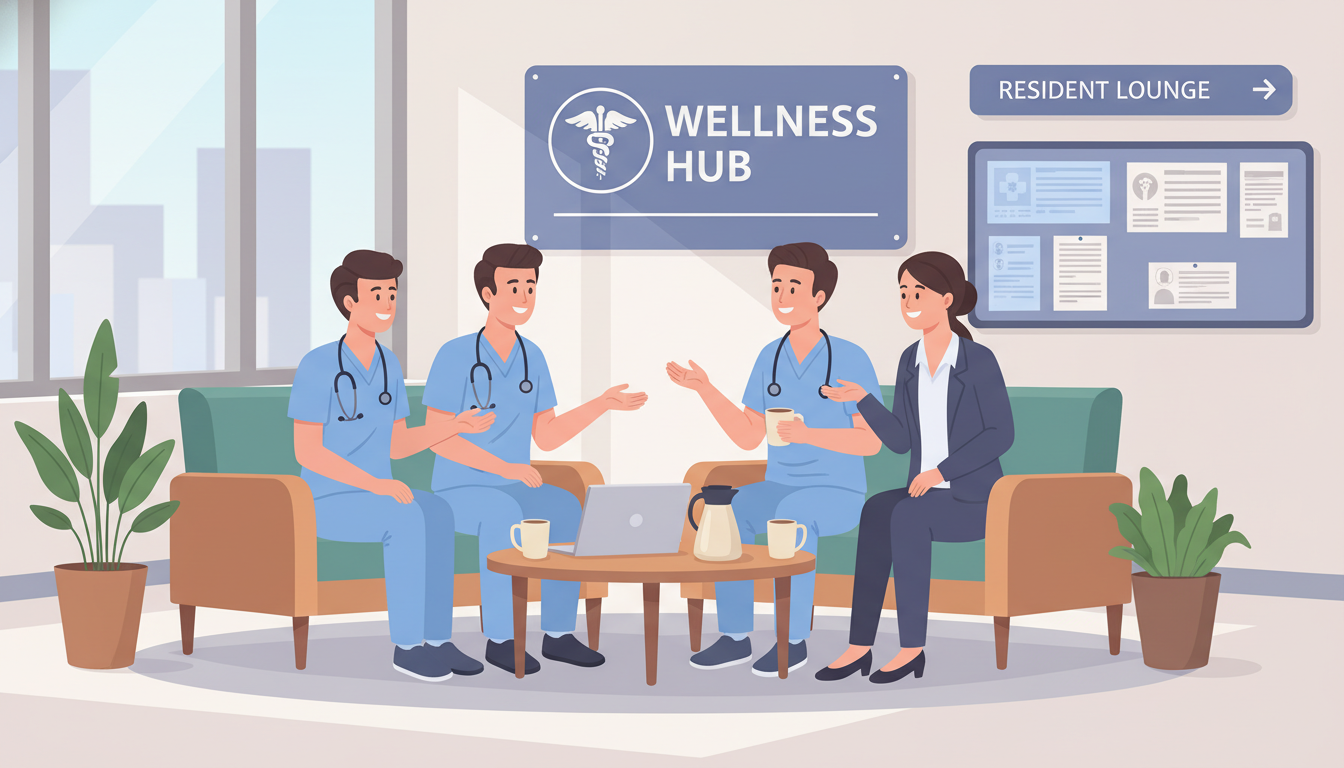 Addiction medicine trainee informally talking with current residents in a hospital lounge - MD graduate residency for Questio