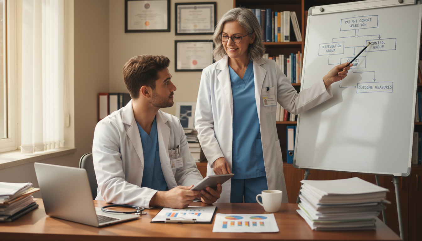 Resident physician discussing addiction research with mentor Resident physician discussing addiction research with mentor - MD graduate residency for Research During Residency for MD Gra