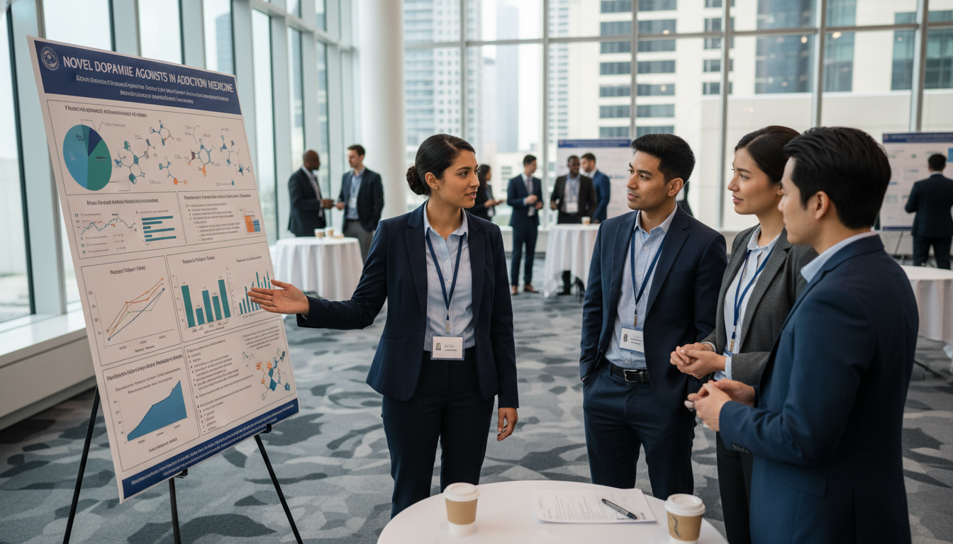 Resident presenting addiction research poster at conference Resident presenting addiction research poster at conference - MD graduate residency for Research During Residency for MD Grad