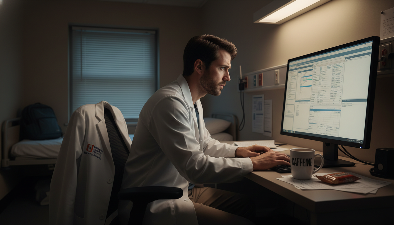 Addiction medicine fellow in call room reflecting on workload and burnout Addiction medicine fellow in call room reflecting on workload and burnout - MD graduate residency for Resident Turnover Warni