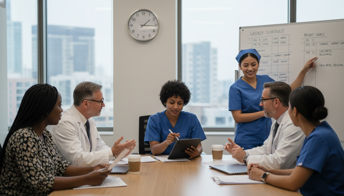 Addiction medicine fellow discussing patient plan with interprofessional team Addiction medicine fellow discussing patient plan with interprofessional team - MD graduate residency for Work-Life Balance A