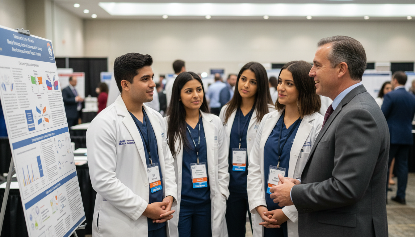 Anesthesiology residents networking at a professional conference - MD graduate residency for Networking in Medicine for MD Gr