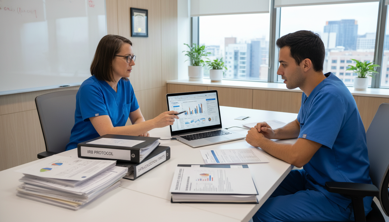 Anesthesia resident and faculty mentor discussing research design - MD graduate residency for Research During Residency for M