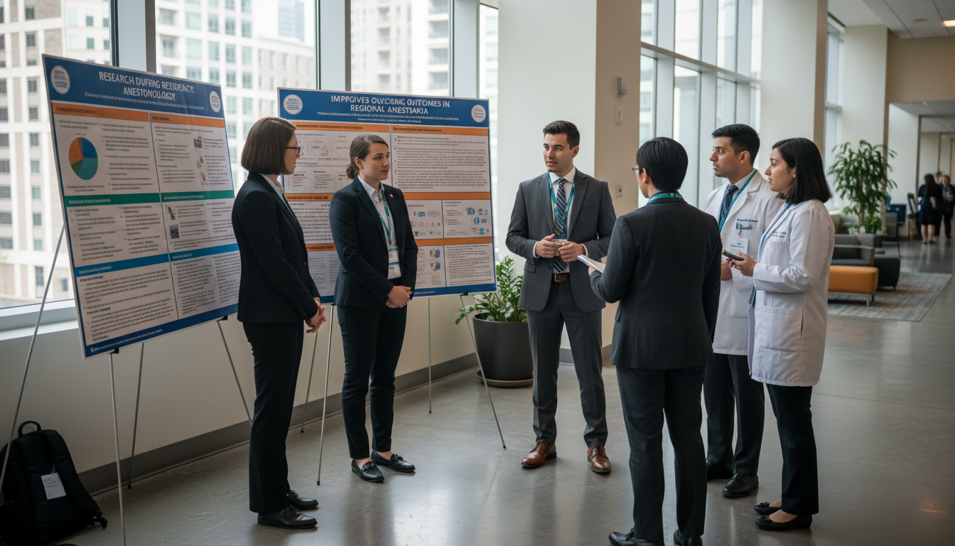 Anesthesiology residents presenting research posters at a medical conference - MD graduate residency for Research During Resi