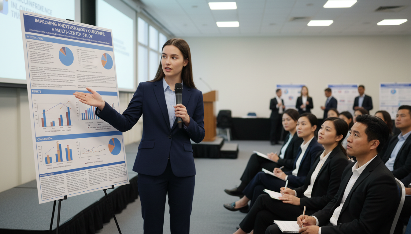 Residency applicant presenting anesthesiology research at a conference Residency applicant presenting anesthesiology research at a conference - MD graduate residency for Research Profile Building