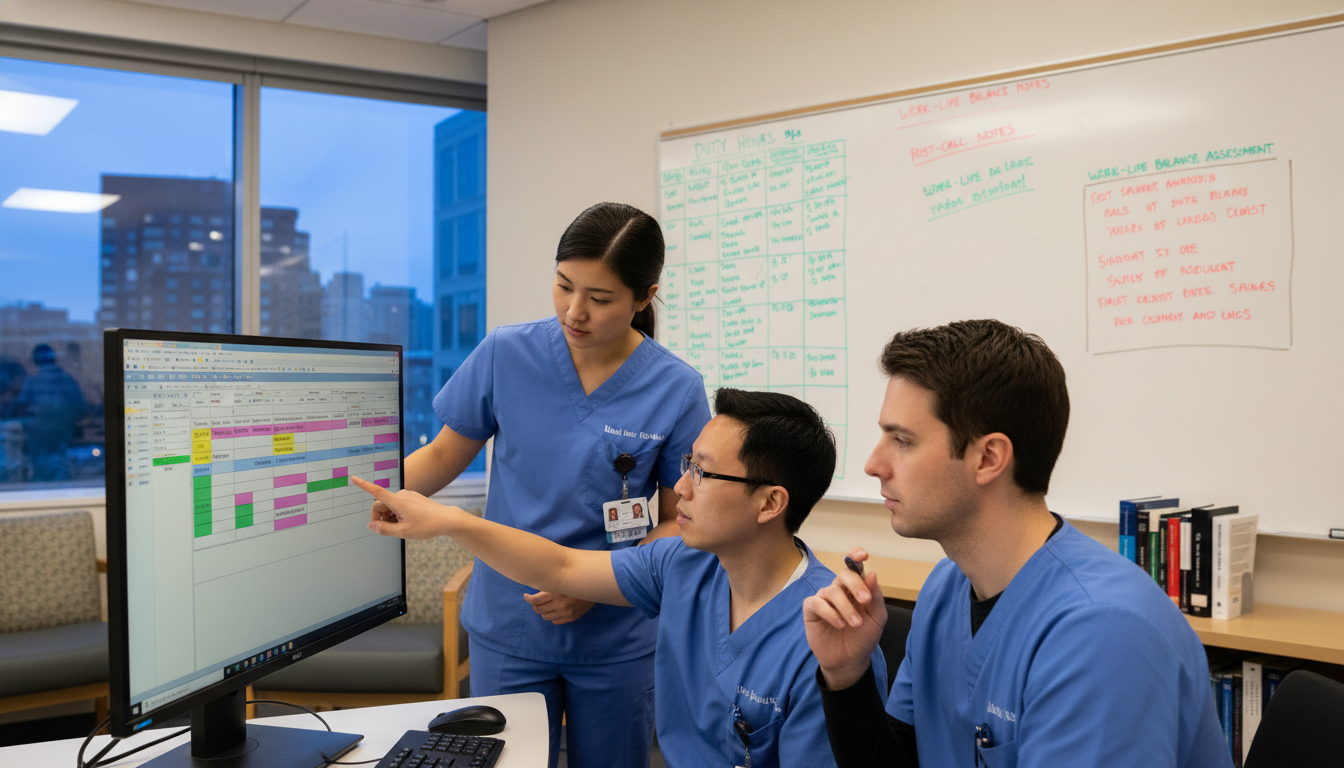 Anesthesiology residents reviewing schedules and duty hours Anesthesiology residents reviewing schedules and duty hours - MD graduate residency for Work-Life Balance Assessment for MD G