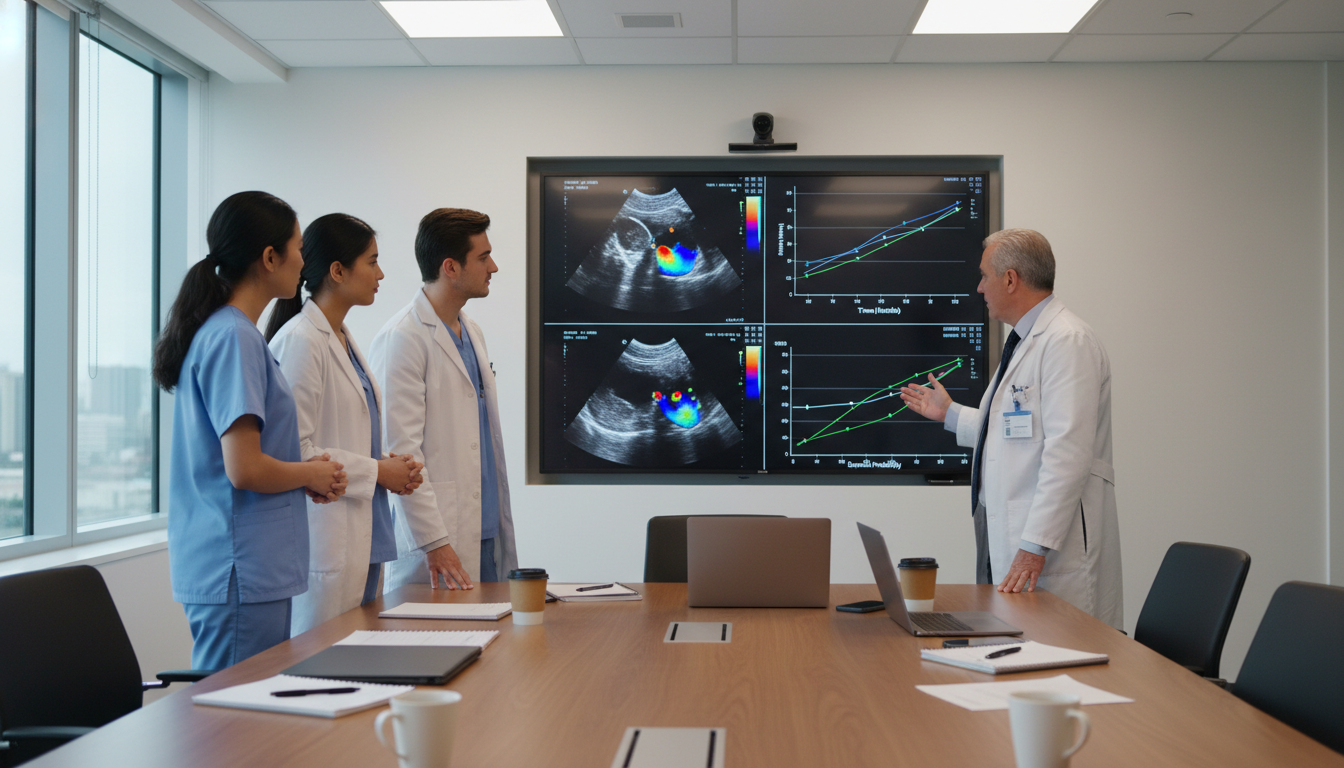 Cardiology team reviewing cardiac imaging and research data Cardiology team reviewing cardiac imaging and research data - MD graduate residency for Research During Residency for MD Grad