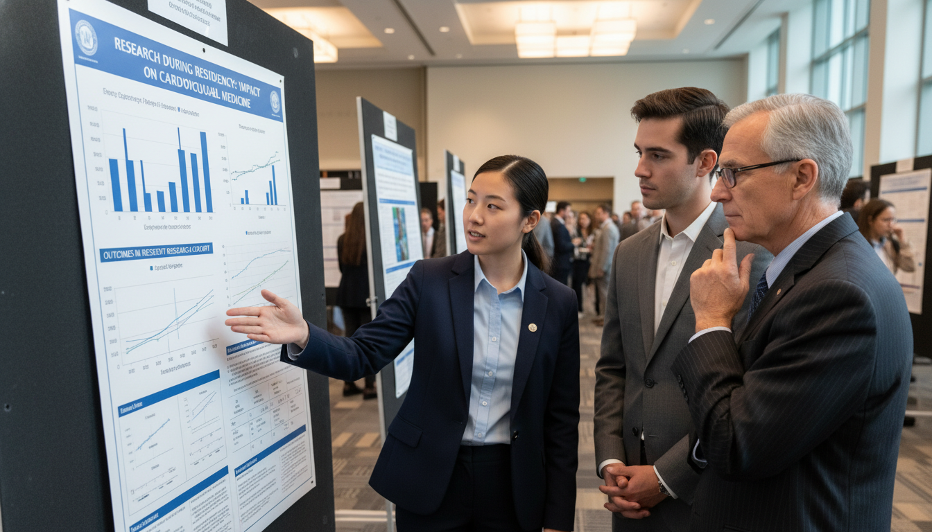 Cardiology resident presenting research poster at conference Cardiology resident presenting research poster at conference - MD graduate residency for Research During Residency for MD Gra