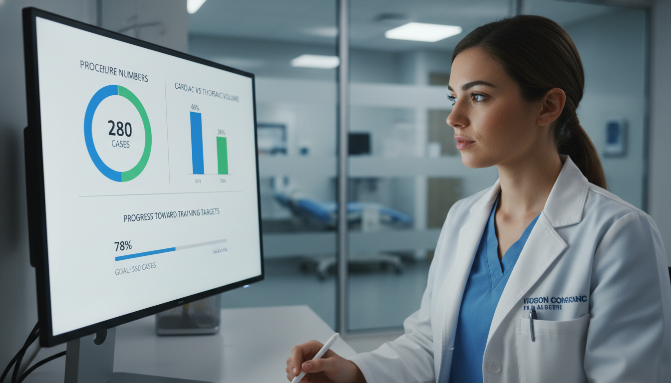 Surgical resident reviewing cardiothoracic case log and analytics Surgical resident reviewing cardiothoracic case log and analytics - MD graduate residency for Case Volume Evaluation for MD G
