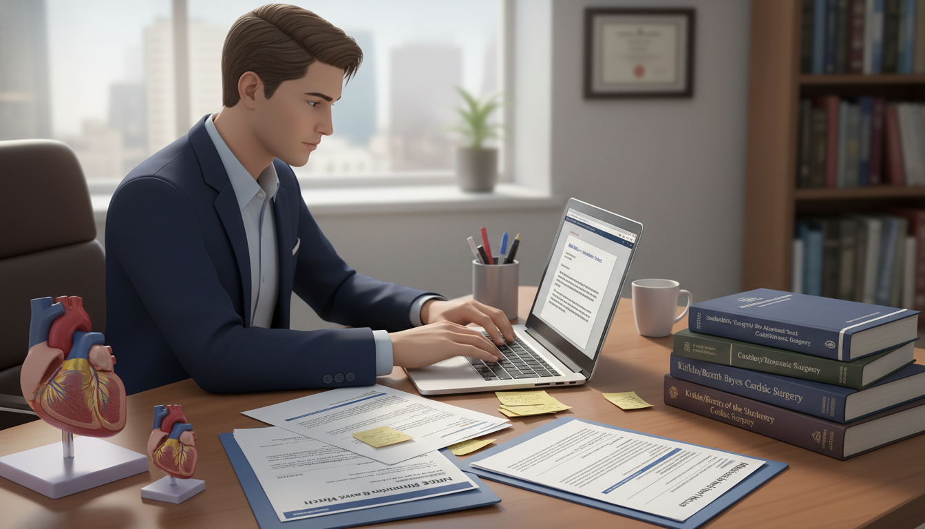 Cardiothoracic surgery applicant preparing emails and reviewing NRMP guidelines on laptop - MD graduate residency for Pre-Mat