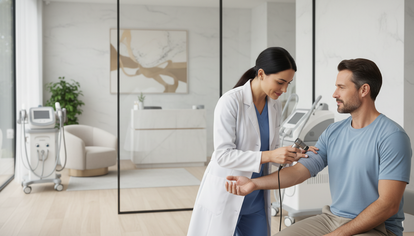 Dermatologist consulting patient in private practice clinic Dermatologist consulting patient in private practice clinic - MD graduate residency for Academic vs Private Practice for MD G