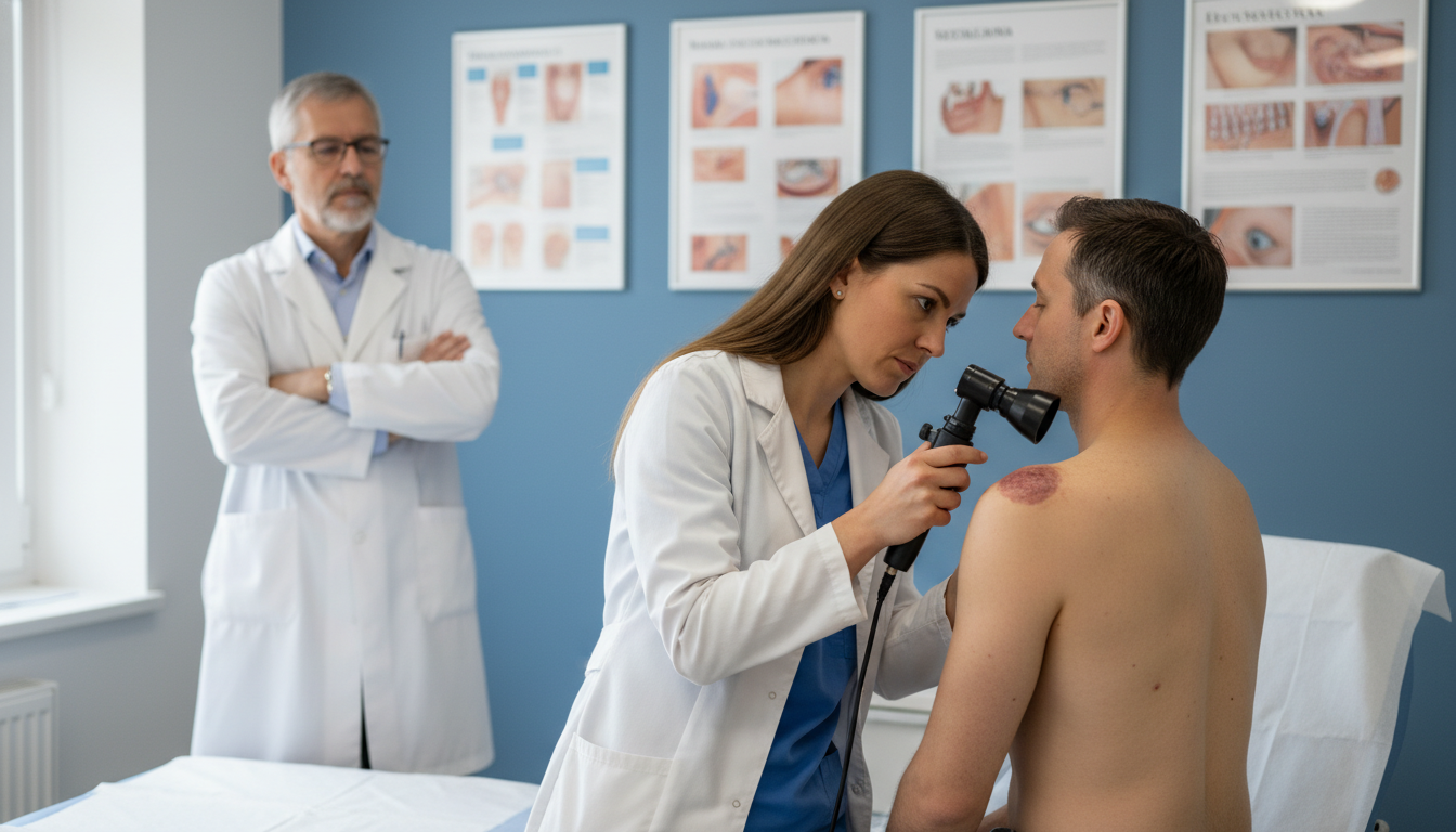 Dermatology resident examining a patient during a clinical rotation - MD graduate residency for Away Rotation Strategy for MD