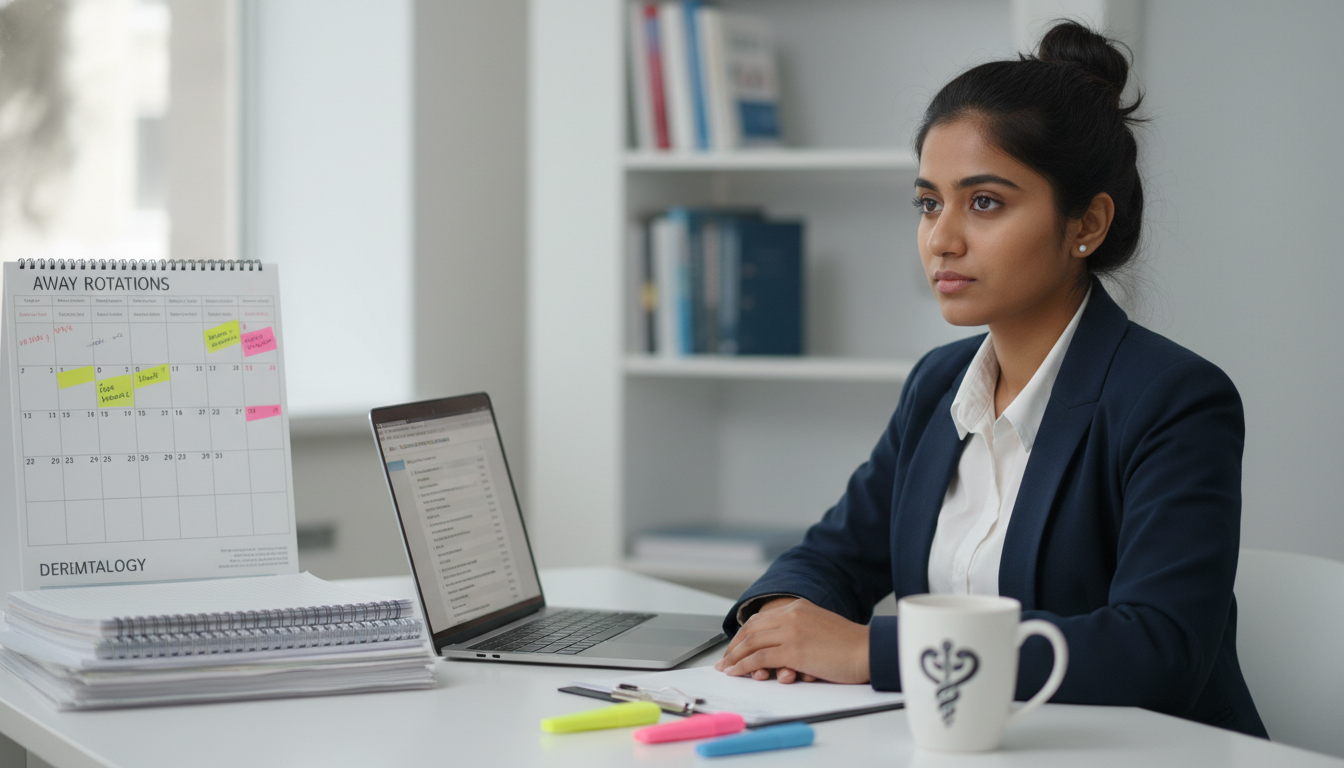 Dermatology applicant reviewing residency program options on a laptop - MD graduate residency for Away Rotation Strategy for