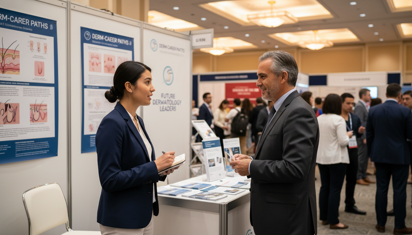 Dermatology resident networking at a medical conference Dermatology resident networking at a medical conference - MD graduate residency for Job Search Timing for MD Graduate in Derm