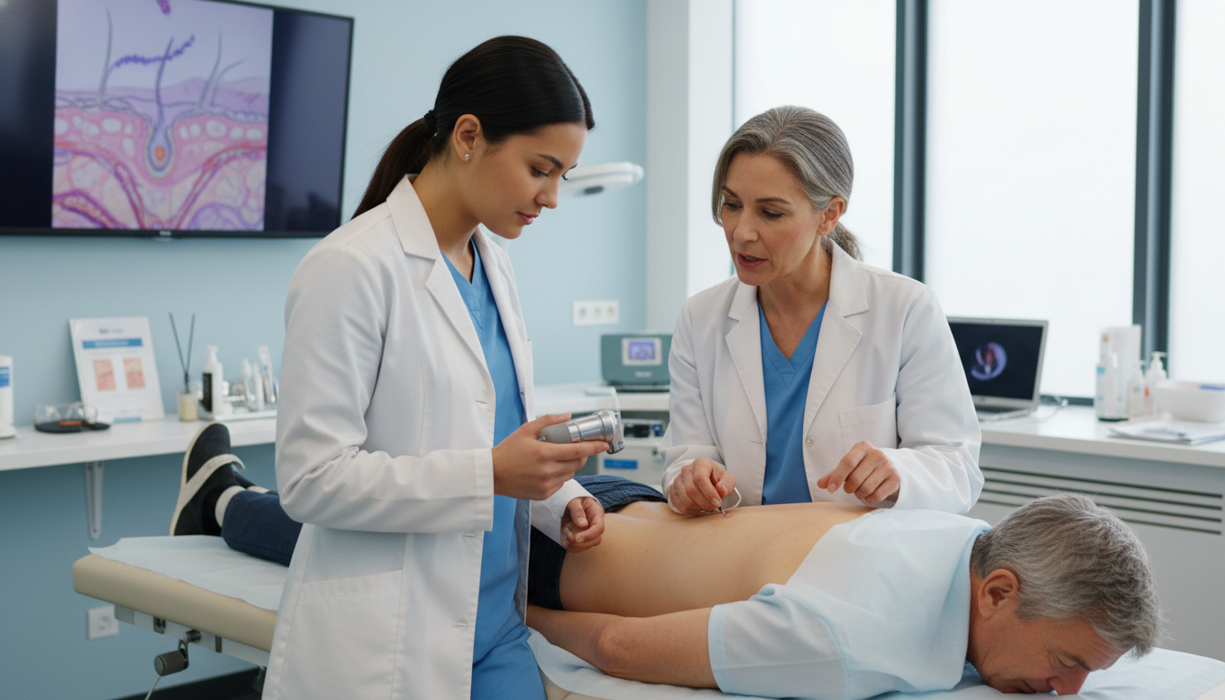 Dermatology resident performing skin exam under supervision Dermatology resident performing skin exam under supervision - MD graduate residency for Letters of Recommendation for MD Grad