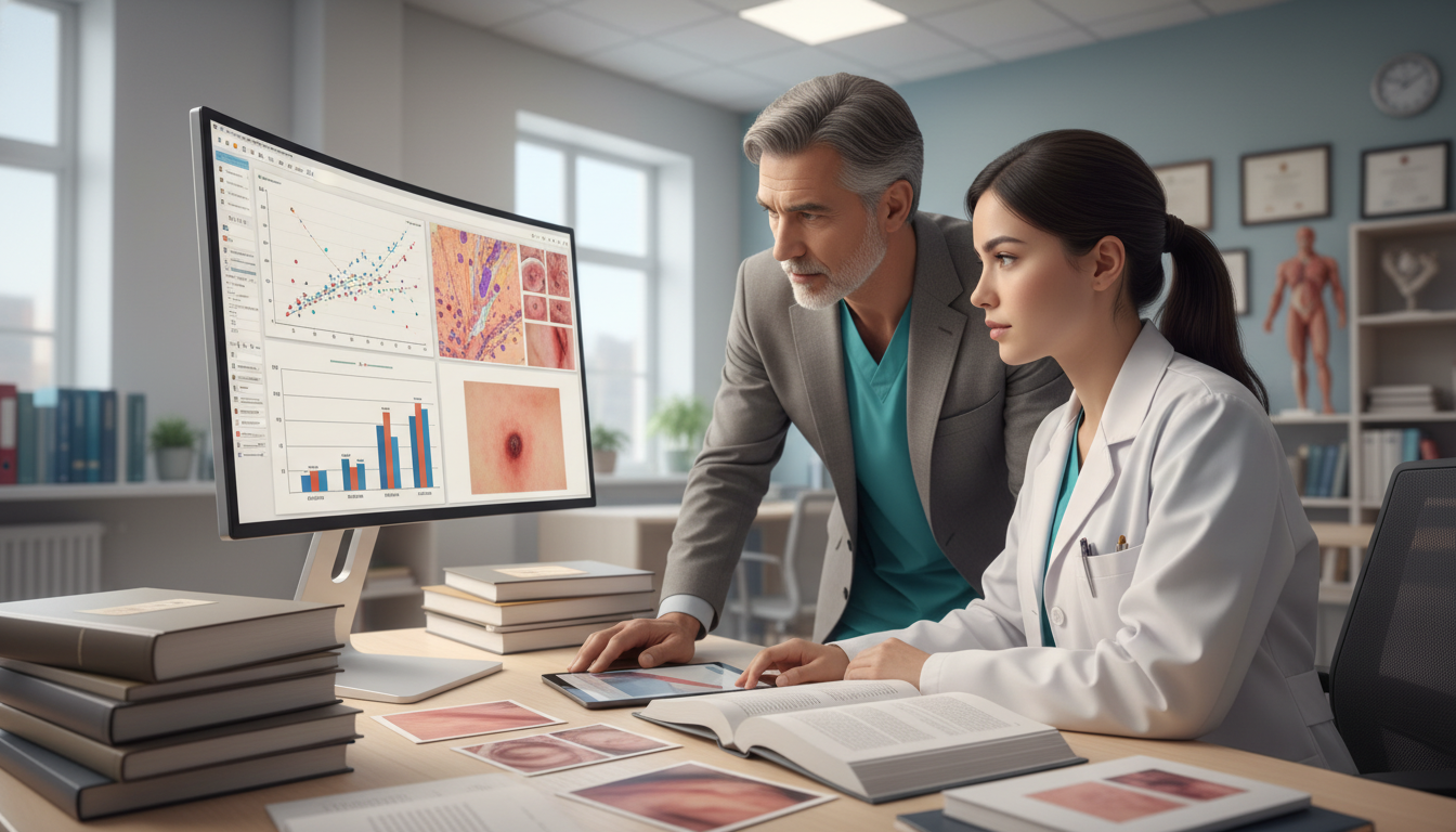 Dermatology resident discussing research with faculty mentor Dermatology resident discussing research with faculty mentor - MD graduate residency for Low Step Score Strategies for MD Gra