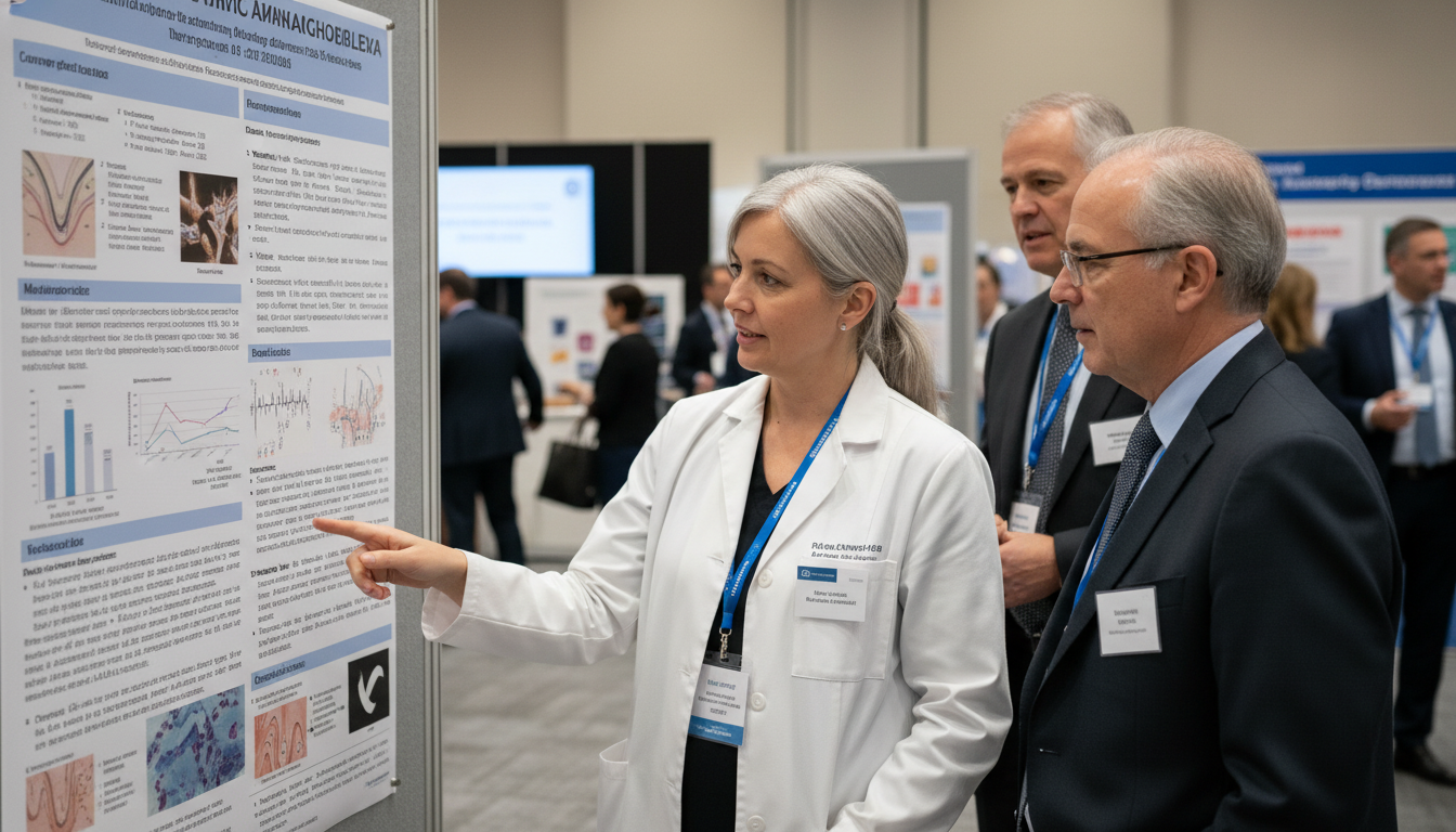 Dermatology resident presenting a research poster and networking with faculty - MD graduate residency for Networking in Medic
