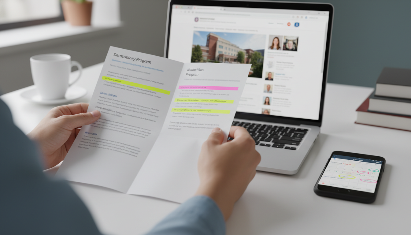 Dermatology residency applicant reviewing program websites and notes - MD graduate residency for Program Selection Strategy f