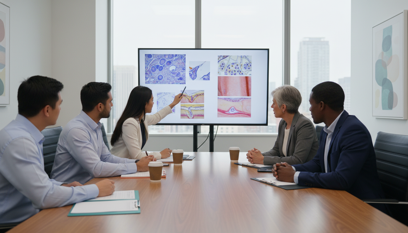 Dermatology residents and attending discussing complex cases in conference room Dermatology residents and attending discussing complex cases in conference room - MD graduate residency for Questions to Ask