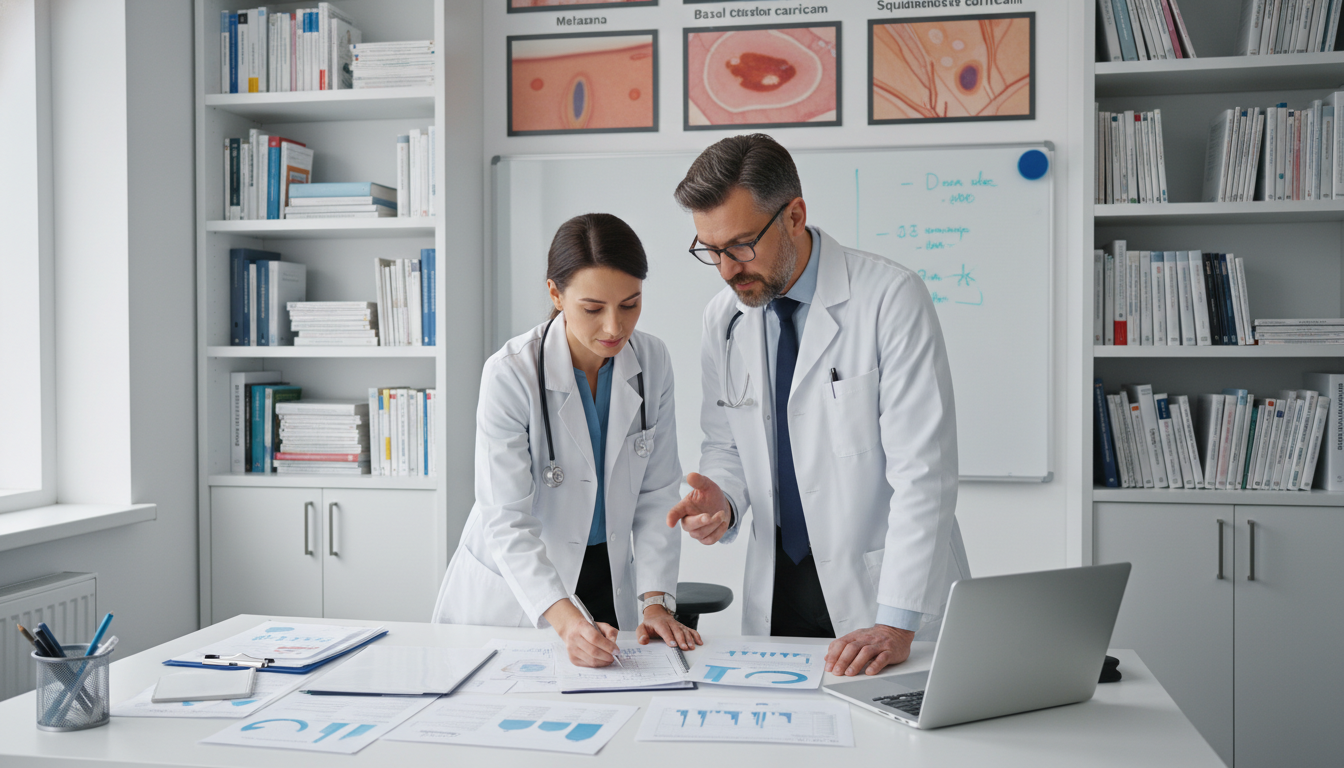 Dermatology resident discussing research plan with mentor - MD graduate residency for Research During Residency for MD Gradua