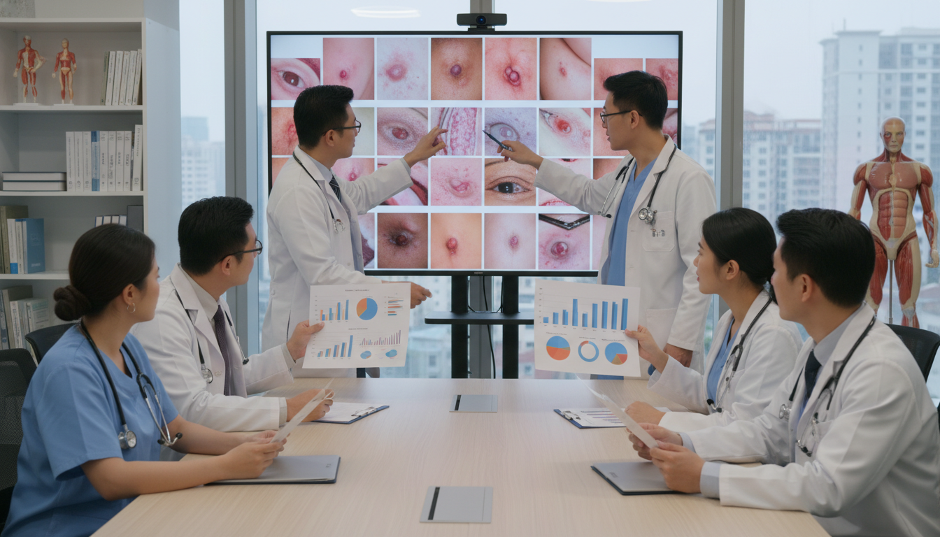 Dermatology research team discussing clinical cases and data Dermatology research team discussing clinical cases and data - MD graduate residency for Research Profile Building for MD Gra