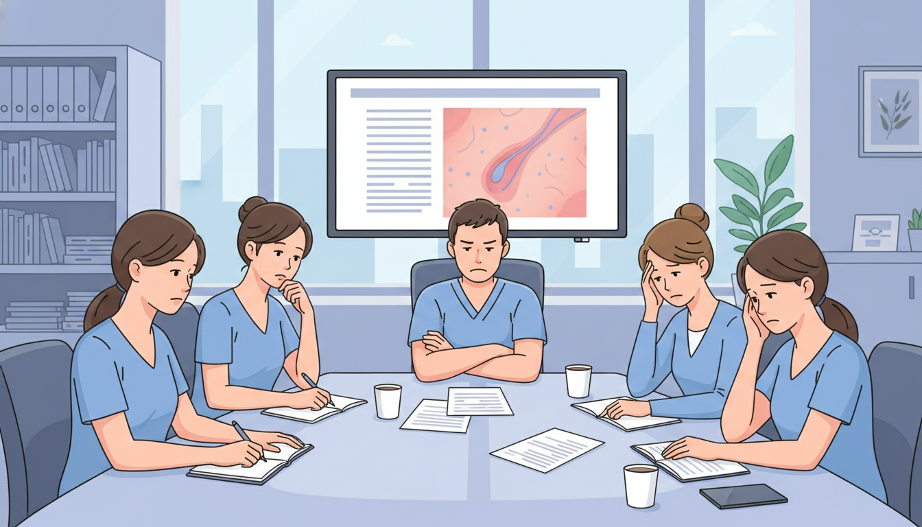 Dermatology residents in conference room, some engaged and some disengaged Dermatology residents in conference room, some engaged and some disengaged - MD graduate residency for Resident Turnover Warn