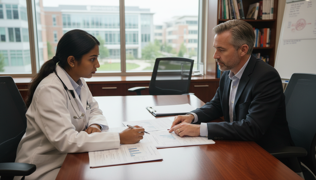 Dermatology resident discussing concerns with program director in office Dermatology resident discussing concerns with program director in office - MD graduate residency for Resident Turnover Warnin