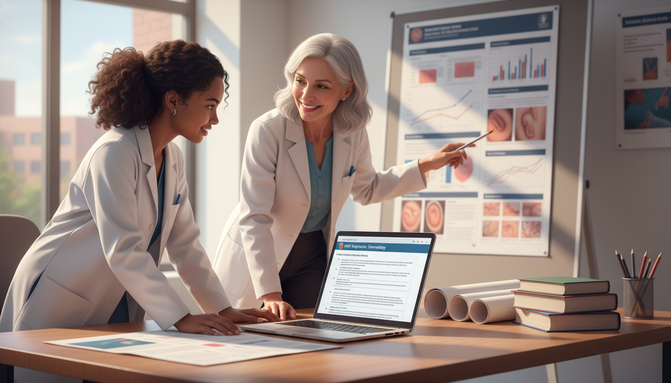 Resident physician consulting with dermatologist mentor - MD graduate residency for SOAP Preparation for MD Graduate in Derma