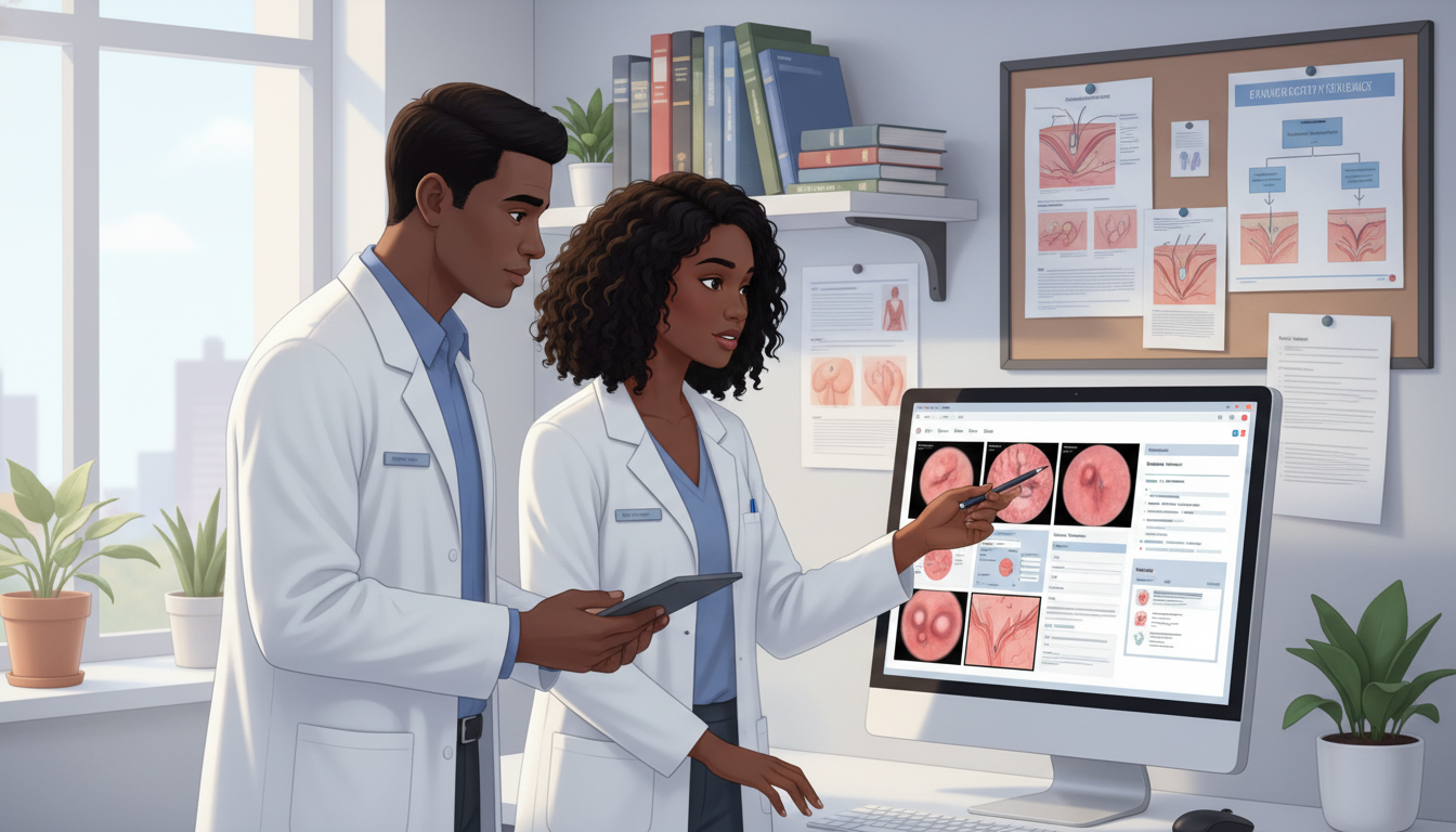 Dermatology resident and attending reviewing skin lesion images together Dermatology resident and attending reviewing skin lesion images together - MD graduate residency for Ultra-Competitive Specia