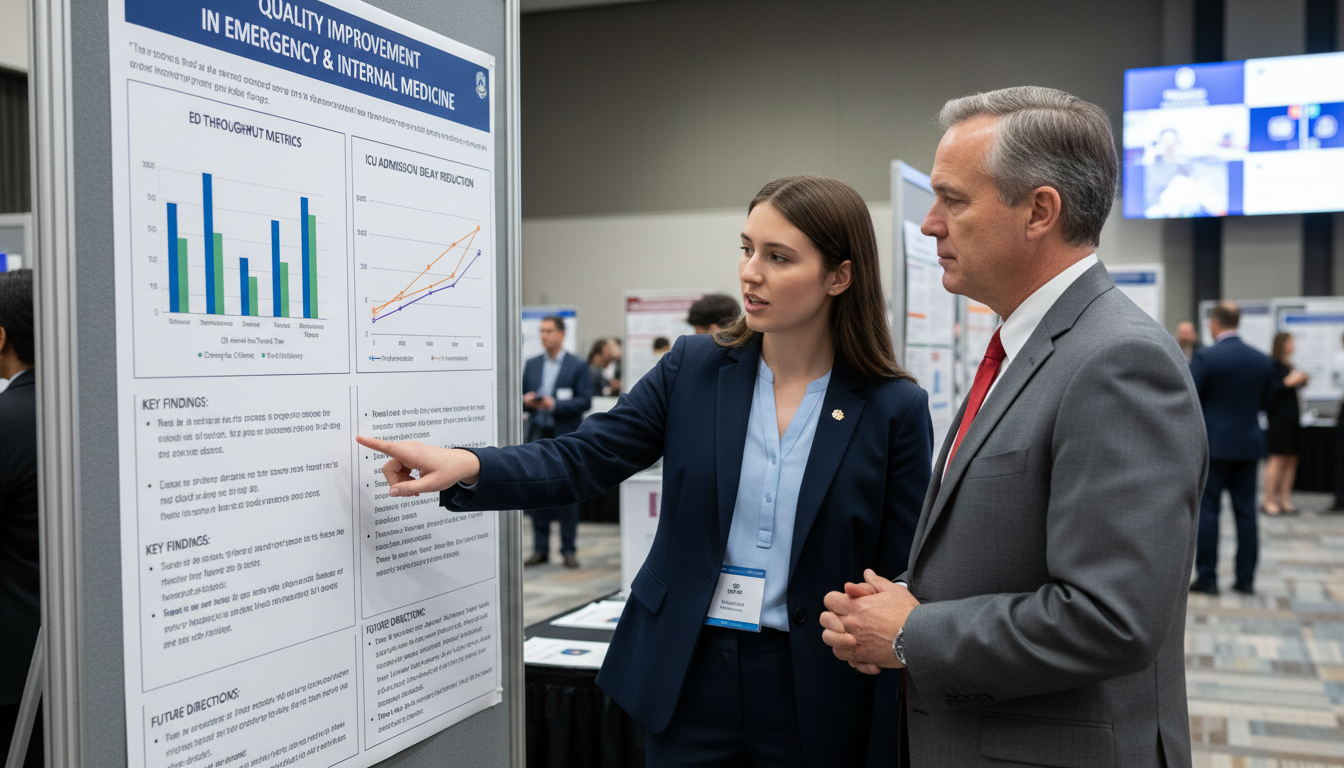 Resident applicant presenting a research poster at a medical conference Resident applicant presenting a research poster at a medical conference - MD graduate residency for CV Building for MD Gradua