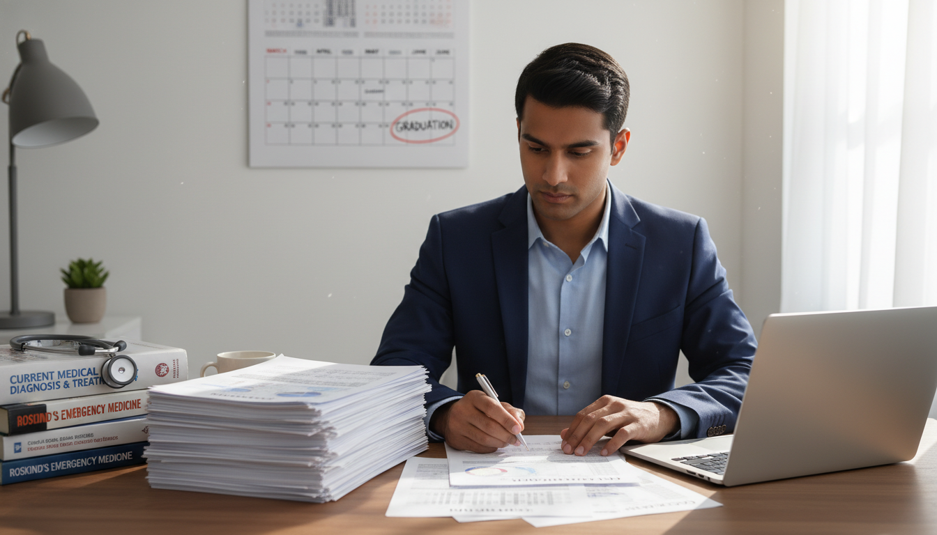 Physician reviewing multiple job offers and contracts - MD graduate residency for Job Search Timing for MD Graduate in Emerge