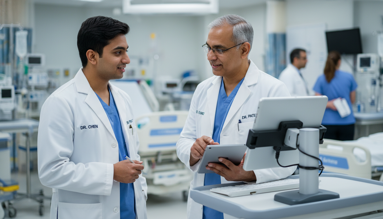 Medical student in emergency department discussing letter of recommendation with attending physician - MD graduate residency