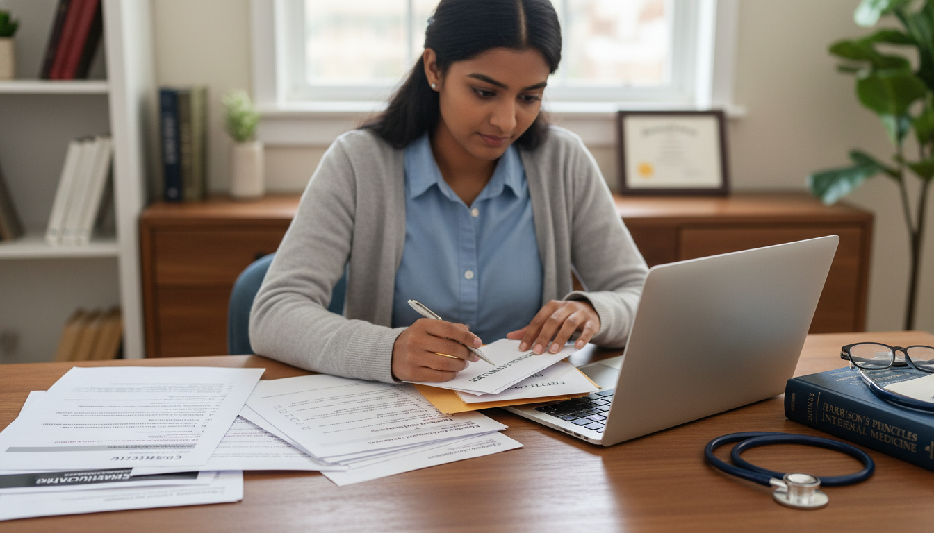MD graduate preparing residency application documents at desk - MD graduate residency for Letters of Recommendation for MD Gr