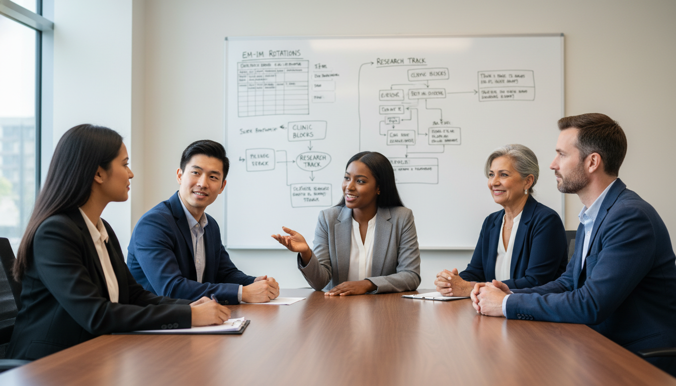 Emergency Medicine-Internal Medicine resident interacting with faculty during a pre-match second look visit Emergency Medicine-Internal Medicine resident interacting with faculty during a pre-match second look visit - MD graduate res