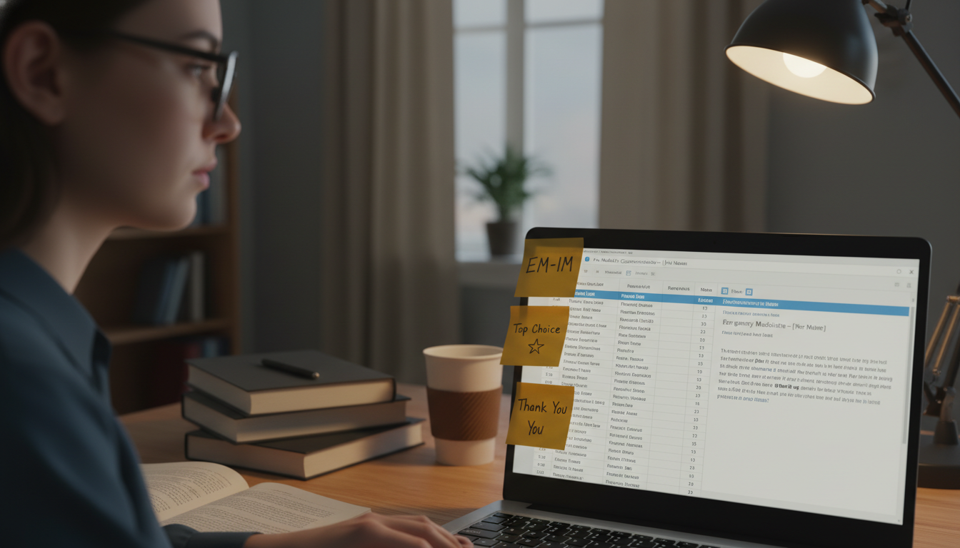 MD graduate reviewing rank list and drafting a pre-match email to EM-IM programs MD graduate reviewing rank list and drafting a pre-match email to EM-IM programs - MD graduate residency for Pre-Match Commun