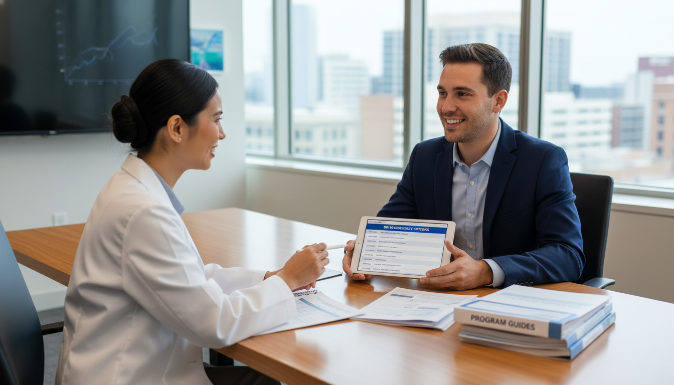 Residency applicant discussing EM-IM program fit with a mentor Residency applicant discussing EM-IM program fit with a mentor - MD graduate residency for How to Research Programs for MD Gr