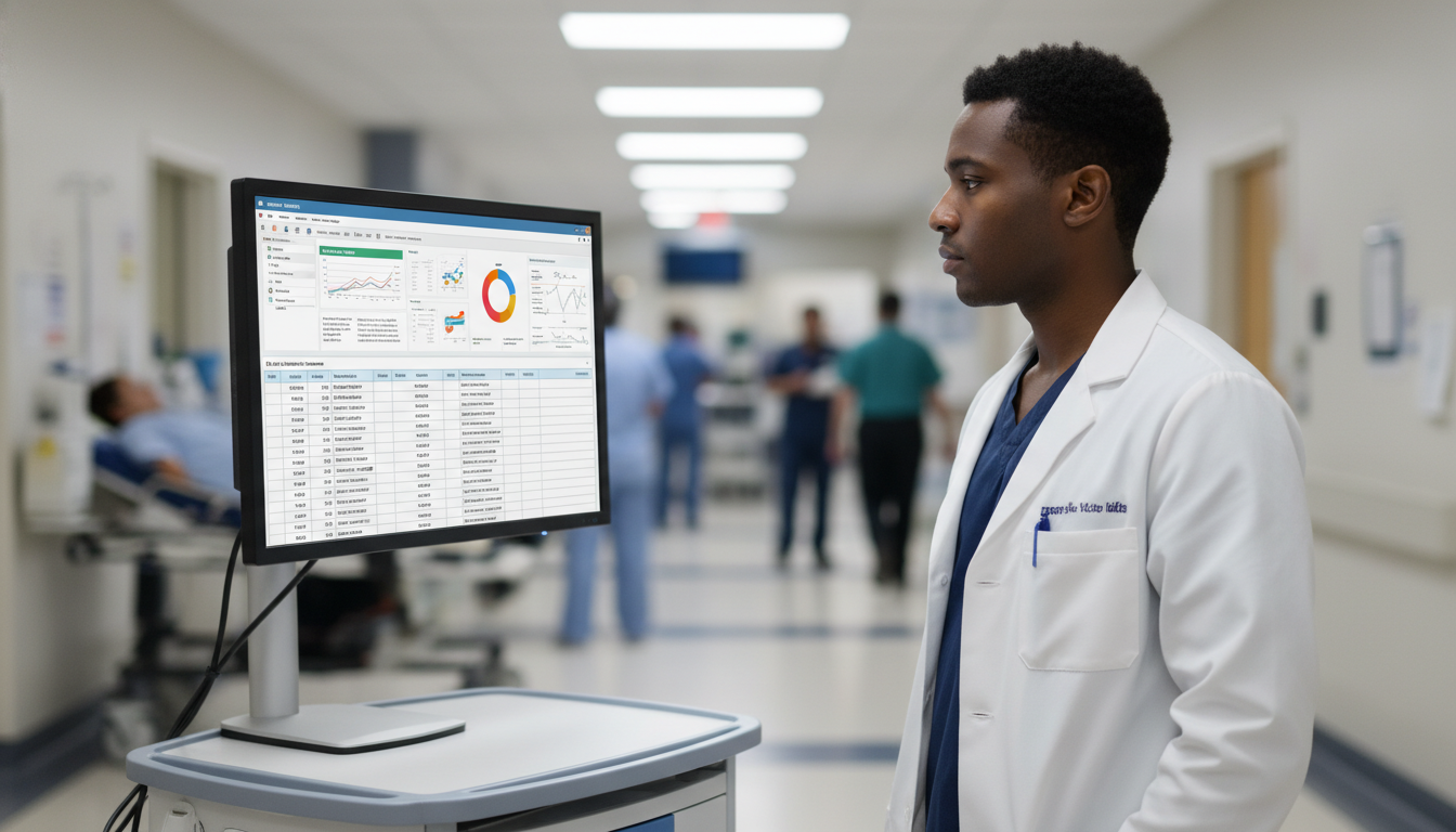 Emergency Medicine-Internal Medicine Resident Reviewing Data in Hospital Emergency Medicine-Internal Medicine Resident Reviewing Data in Hospital - MD graduate residency for Research During Residenc